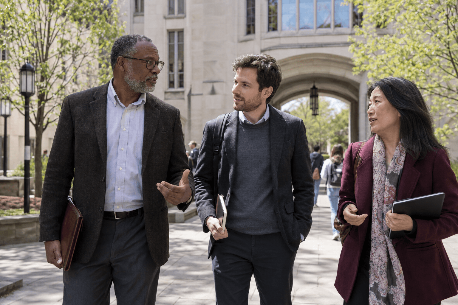 University researchers exchanging ideas on campus